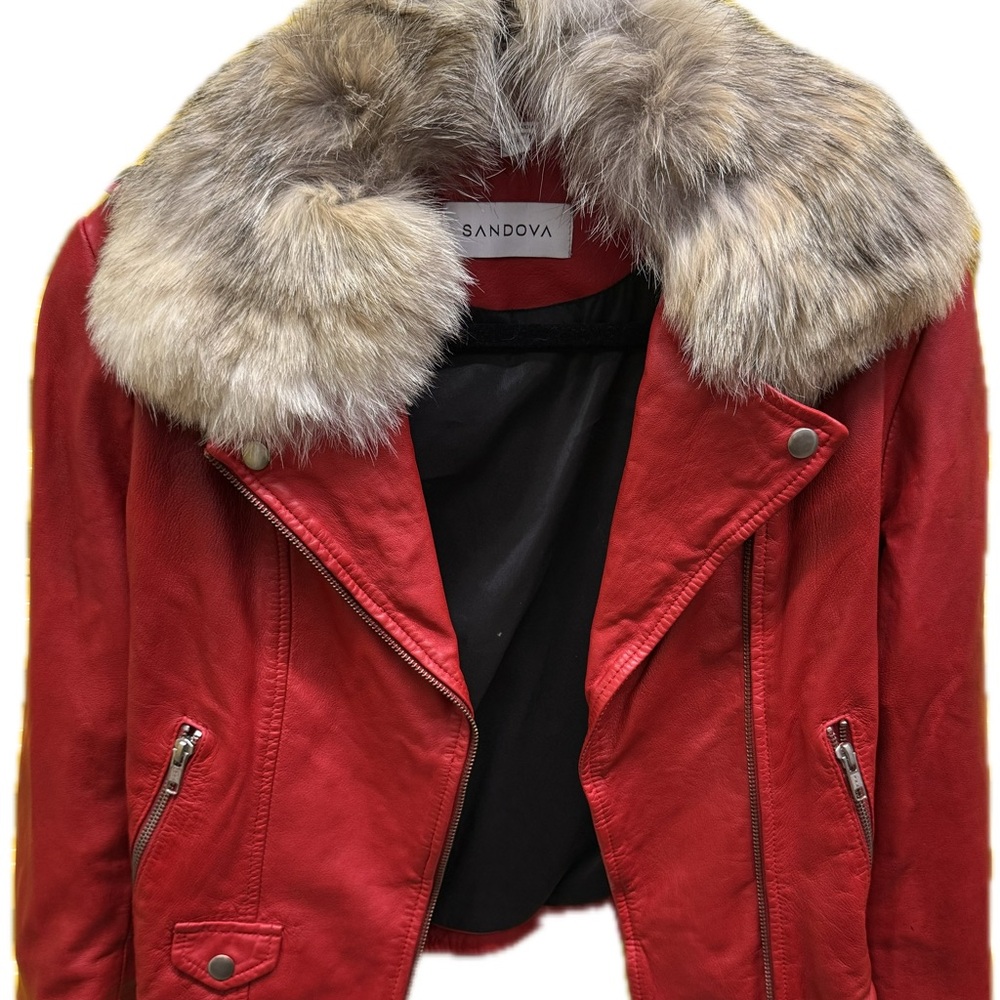 Sandova Red Leather Jacket with Gray Coyote Fur Collar. Worn to the 2018 Grammys
